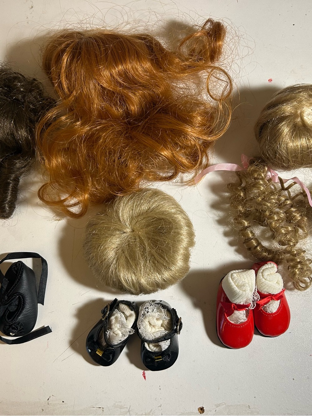 Assorted Kids Doll Wigs and Shoes - Blonde, Red, Black